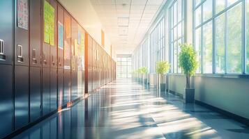 A bright school hallway with lockers and plants, showcasing a welcoming educational environment photo