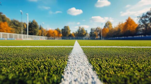 A close-up view of a soccer field with vibrant green grass and a clear blue sky. photo