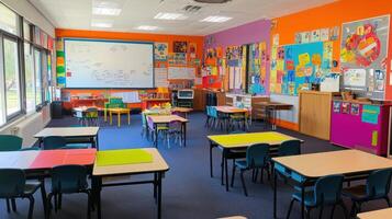 A colorful classroom with desks, chairs, and educational decorations on the walls. photo