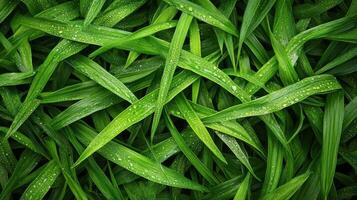 A close-up view of green grass blades with water droplets, showcasing nature's freshness photo