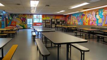 A colorful cafeteria with tables and benches, featuring vibrant murals on the walls. photo