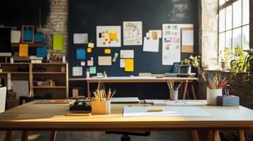 A creative workspace featuring desks, art supplies, and colorful notes on walls photo