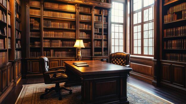 A cozy library with wooden shelves, a desk, and large windows photo