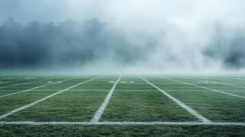 A foggy football field with marked lines and a goalpost in the distance photo