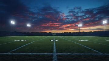 A football field illuminated by stadium lights at sunset photo
