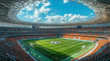 A large football stadium with vibrant seating and a central field marked for a match photo