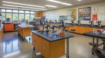 A modern science laboratory equipped with microscopes and glassware for experiments photo