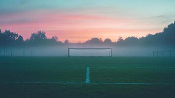 A serene football field at dawn, shrouded in mist with a colorful sky photo