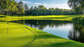 A serene golf course landscape featuring a green, water, and trees under a clear sky. photo