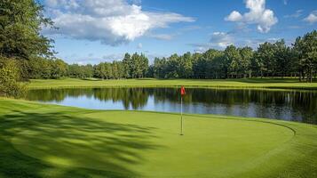 A serene golf course with a flag on the green and a reflective lake surrounded by trees photo