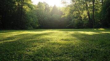 A serene green landscape with sunlight filtering through trees photo