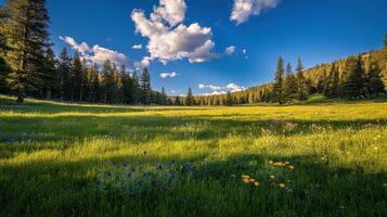 A serene landscape featuring a lush green meadow dotted with colorful wildflowers and trees photo