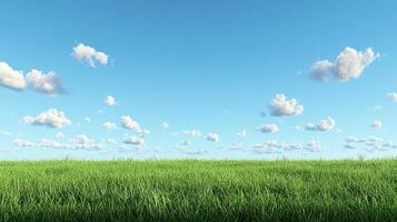 A serene landscape featuring lush green grass under a clear blue sky with scattered clouds photo