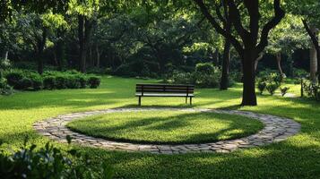 A serene park scene featuring a bench surrounded by lush green grass and trees photo