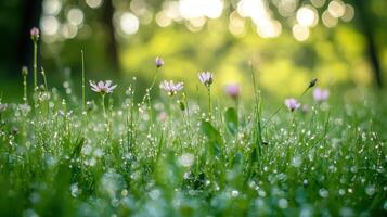 A serene meadow with delicate flowers and dew drops in soft sunlight photo
