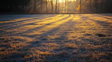 A serene winter landscape with frosted grass illuminated by the morning sun photo
