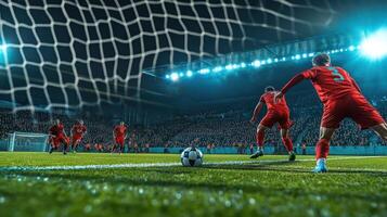 A tense moment in a football match with players preparing for a penalty kick photo