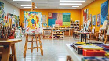 A vibrant art studio filled with colorful paintings and art supplies photo