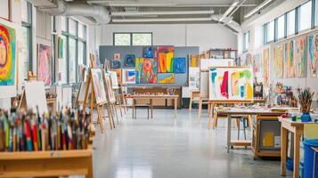 A vibrant art studio filled with easels, colorful paintings, and art supplies photo