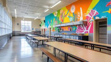 A vibrant cafeteria with tables, benches, and colorful wall art photo