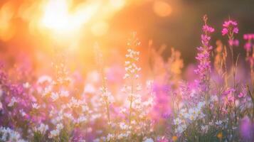 A vibrant field of wildflowers illuminated by soft sunlight at dawn or dusk photo