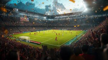 A vibrant football stadium filled with cheering fans during an exciting match photo