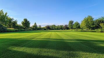 A vibrant green lawn under a clear blue sky, surrounded by trees and shrubs photo