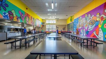 A vibrant school cafeteria with colorful murals and long tables for dining photo