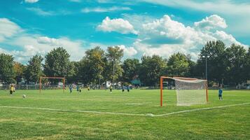 A vibrant soccer field with players and goals under a blue sky photo