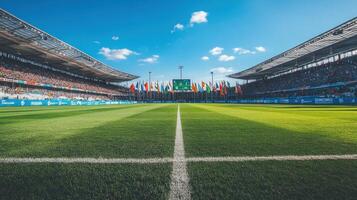 A vibrant stadium scene with flags and a green pitch, ready for a sporting event photo