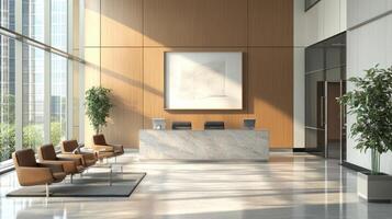 Modern office lobby with a reception desk and seating area photo