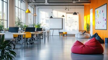 Modern office space with workstations, bean bags, and plants for a collaborative environment photo