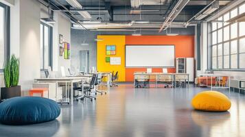 Modern office space with desks, chairs, and colorful decor for collaboration and productivity photo