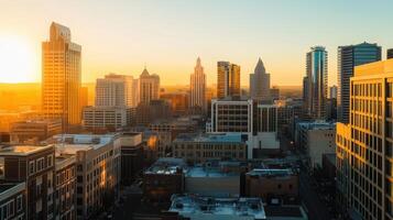 A city skyline at sunset, showcasing modern buildings and warm light photo