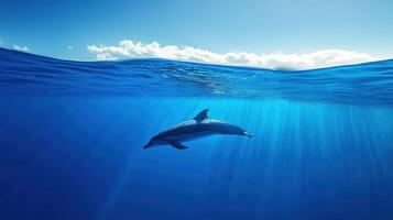 A dolphin swimming gracefully beneath the ocean surface, illuminated by sunlight photo