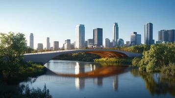 A modern bridge spans a river with a city skyline in the background, showcasing urban design photo