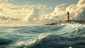 A scenic view of a lighthouse by the ocean, surrounded by waves and dramatic clouds photo