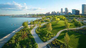 A scenic waterfront park with pathways, greenery, and a city skyline in the background. photo