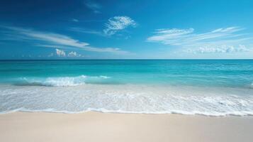 A serene beach scene with gentle waves and a clear blue sky' photo