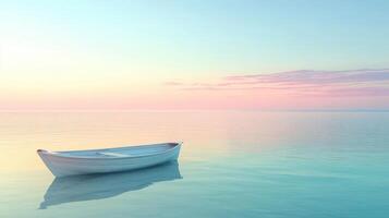 A serene boat floating on calm waters during a pastel sunset. photo