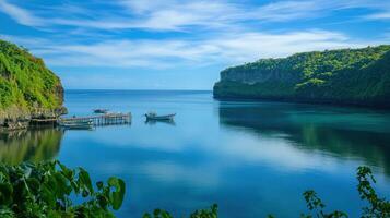 A serene coastal view with boats in calm waters surrounded by lush greenery and cliffs photo