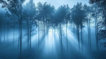 A serene forest scene with mist and rays of light filtering through tall trees. photo