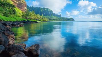 A serene coastal landscape with lush green cliffs and calm waters reflecting the sky. photo