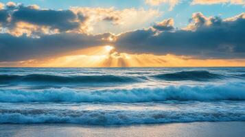 A serene seascape at sunset with rays of light breaking through clouds over gentle waves photo