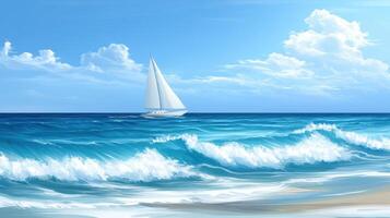 A serene seascape featuring a sailboat gliding over vibrant blue waves under a clear sky photo