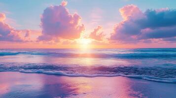 A serene sunset over the ocean with vibrant clouds and gentle waves. photo