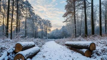 A serene winter forest path lined with freshly cut logs and snow-covered trees photo