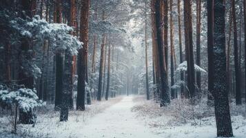 A serene winter forest path lined with snow-covered trees photo