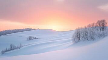 A serene winter landscape at sunrise with snow-covered hills and bare trees photo