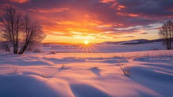 A serene winter landscape at sunset, showcasing snow-covered fields and trees photo